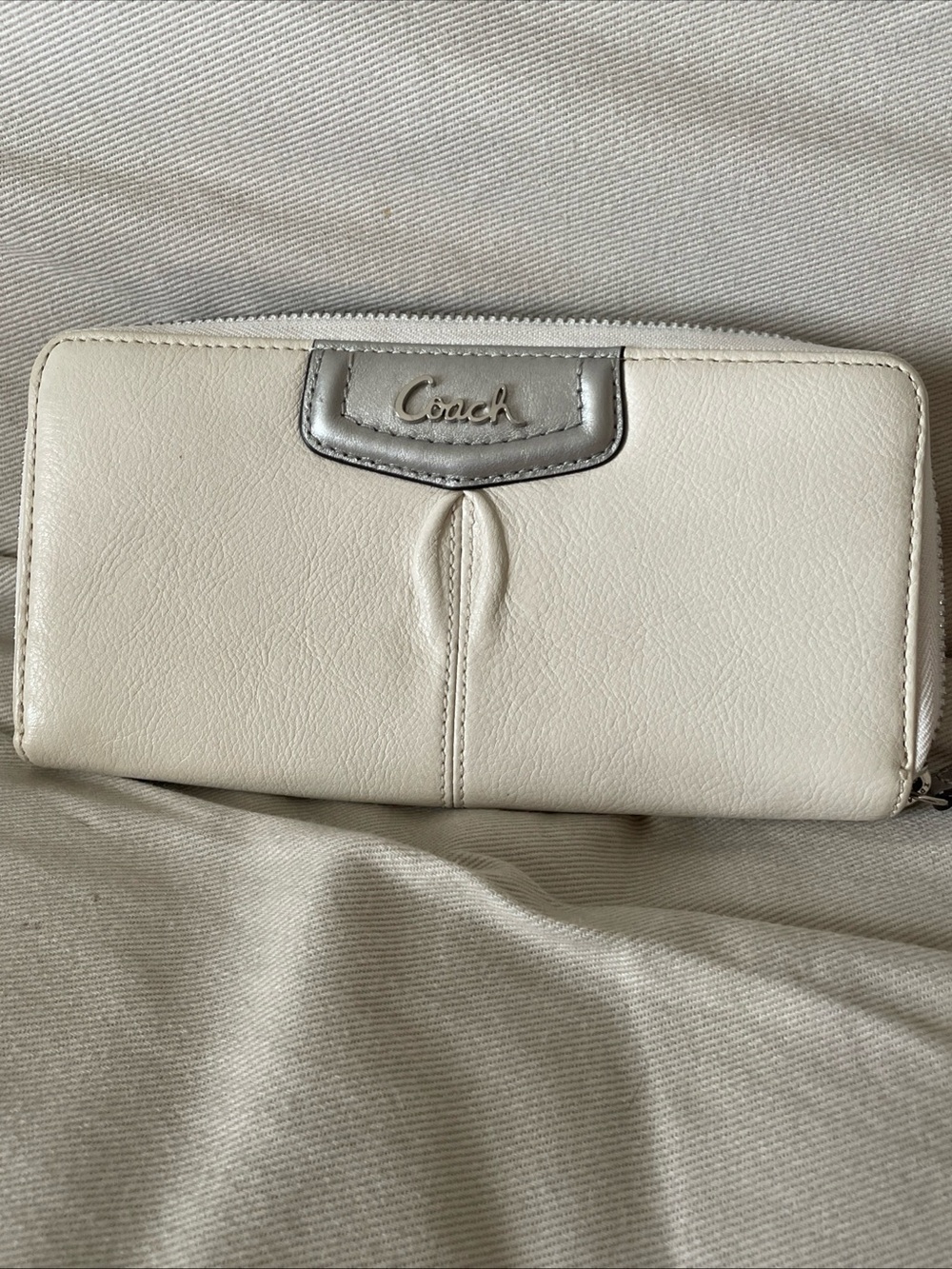 Coach Ivory Leather Zip Wallet with Silver Logo Trim